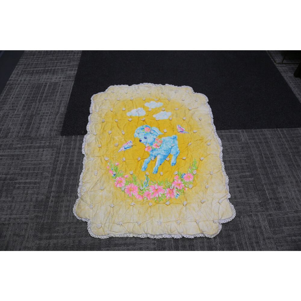 Blue Lamb, Flowers, Baby Blanket, Yellow, Quilt, 48x35.5", Fabric, Crib, Decor